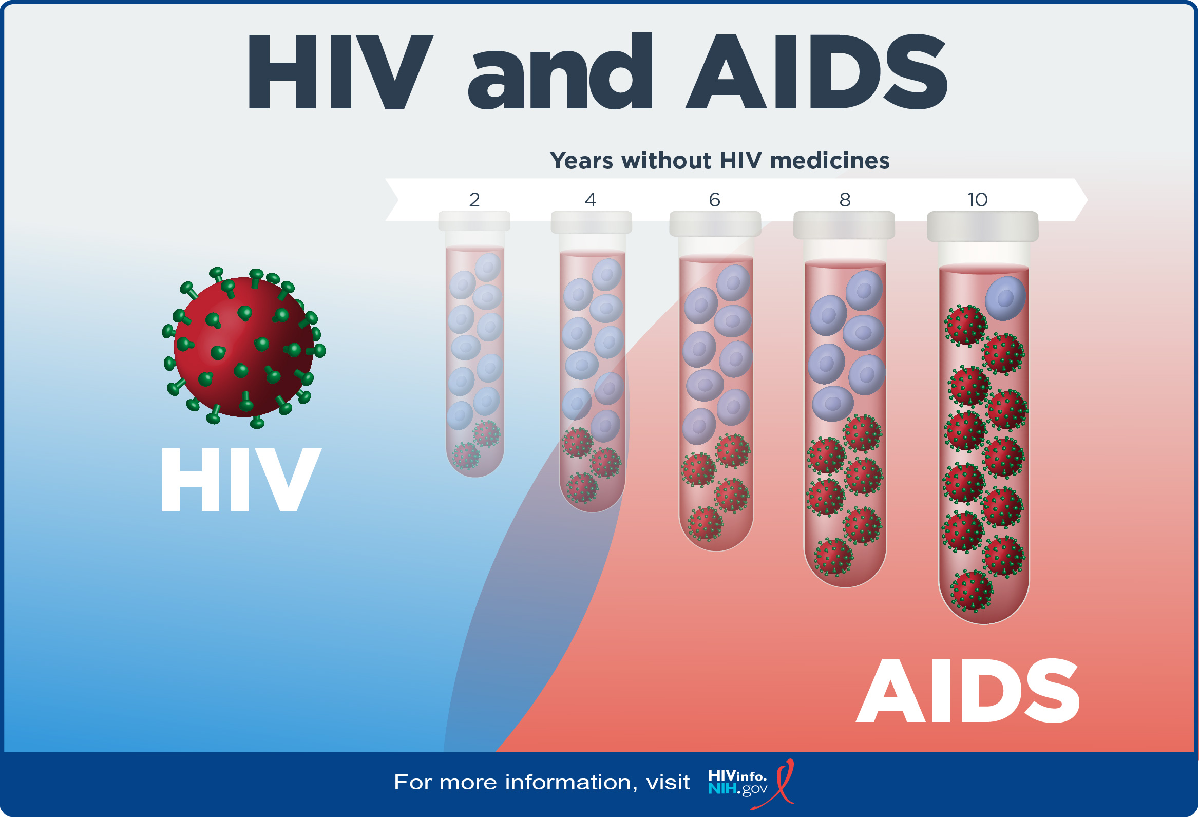 HIV versus AIDS: Years without HIV medicines. Graphic of HIV progression: before infection, acute HIV infection, chronic HIV infection, and AIDS.