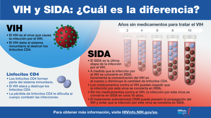 Para una infográfica accesible en PDF, haga clic en el enlace Descargar a continuación. VIH y SIDA: ¿Cuál es la diferencia?