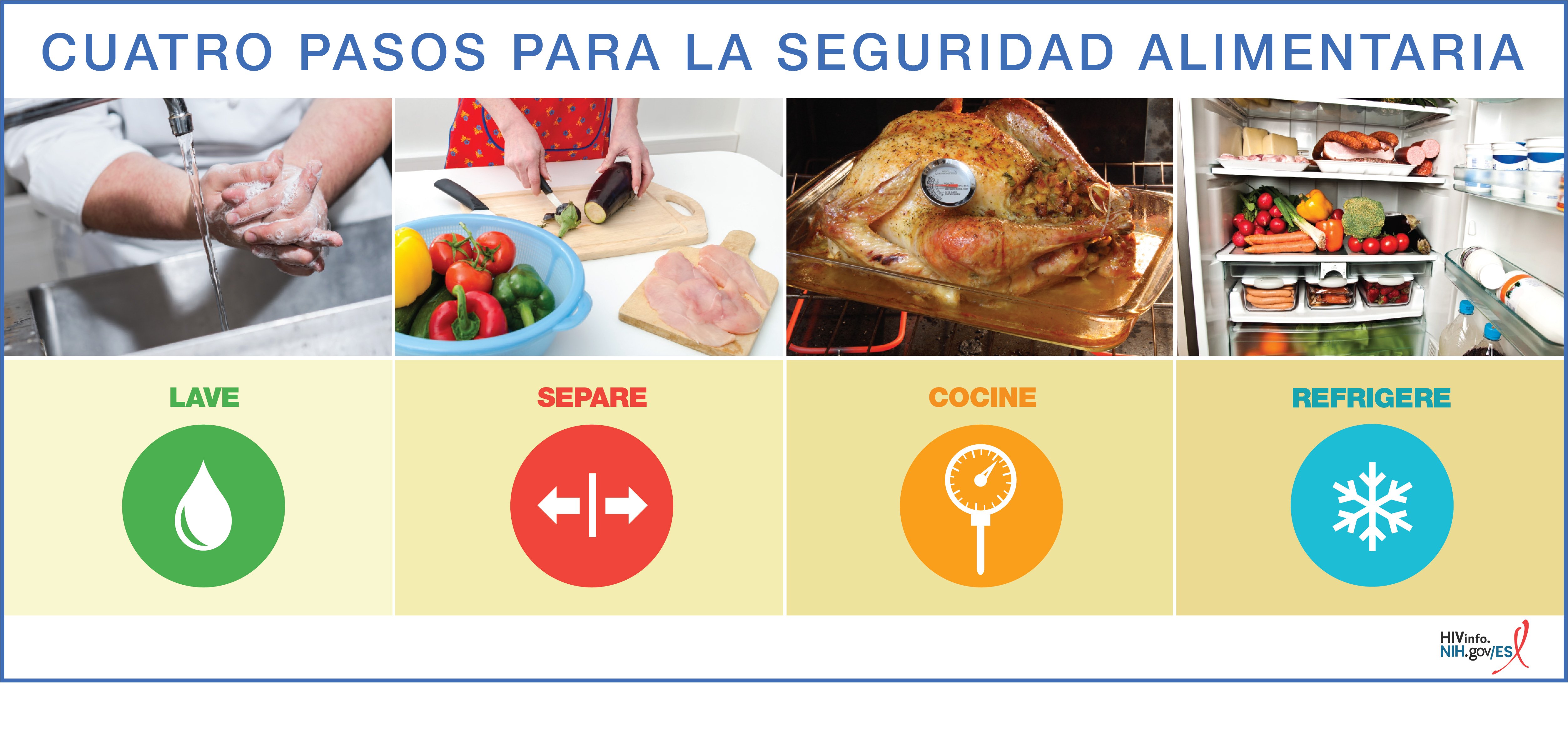 Los cuatro pasos para asegurar la seguridad alimentaria son lavar, separar, cocinar, y refrigerar.